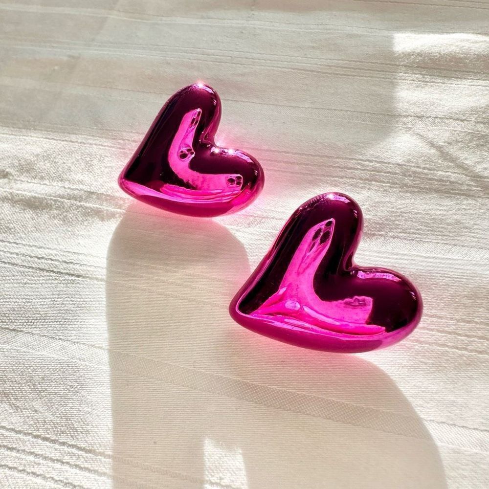 Chrome hot pink heart stud earrings
